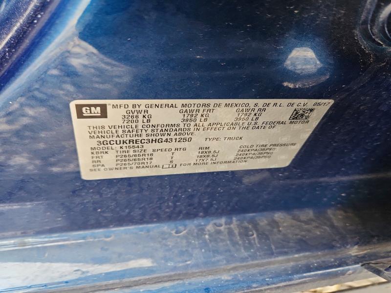 2017 Chevrolet Silverado მანქანა იყიდება აუქციონზე, vin: 3GCUKREC3HG431250, აუქციონის ნომერი: 53795726