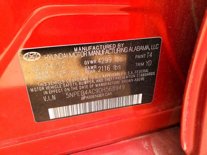 52097896 :رقم المزاد ، 5NPEB4AC9DH568949 vin ، 2013 Hyundai Sonata مزاد بيع