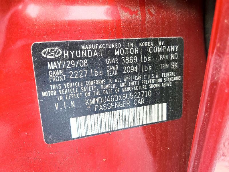 Aukcja sprzedaży 2008 Hyundai Elantra, vin: KMHDU46DX8U522710, numer aukcji: 51308106