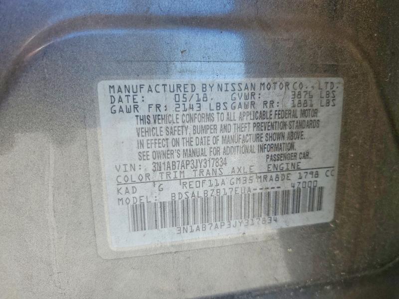 2018 Nissan Sentra მანქანა იყიდება აუქციონზე, vin: 3N1AB7AP3JY317834, აუქციონის ნომერი: 54393246