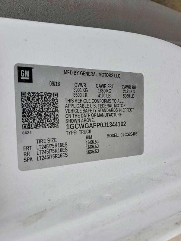 Продаж на аукціоні авто 2018 Chevrolet Express G2500, vin: 1GCWGAFP0J1344102, номер лоту: 52535226