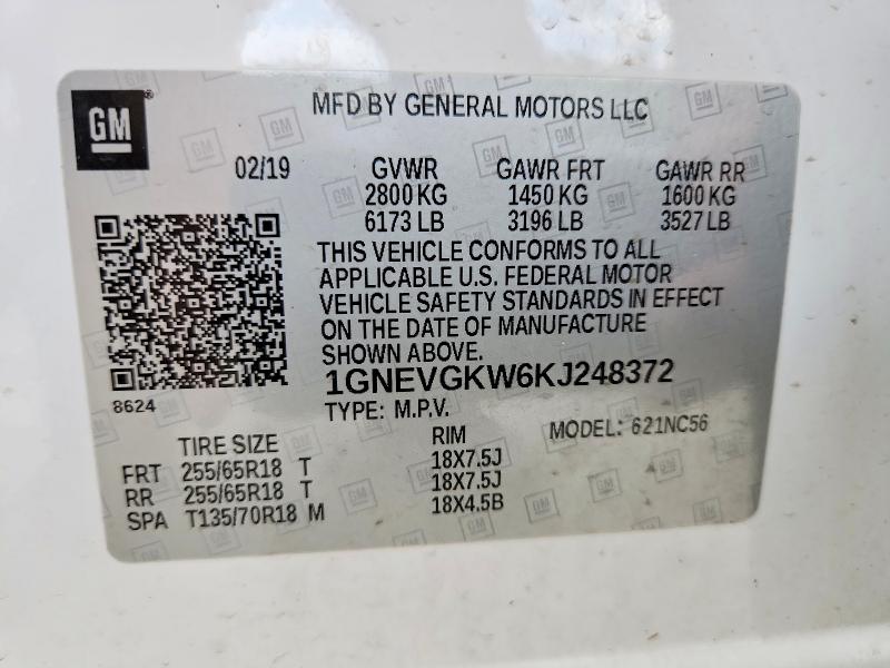 Aukcja sprzedaży 2019 Chevrolet Traverse, vin: 1GNEVGKW6KJ248372, numer aukcji: 55583746
