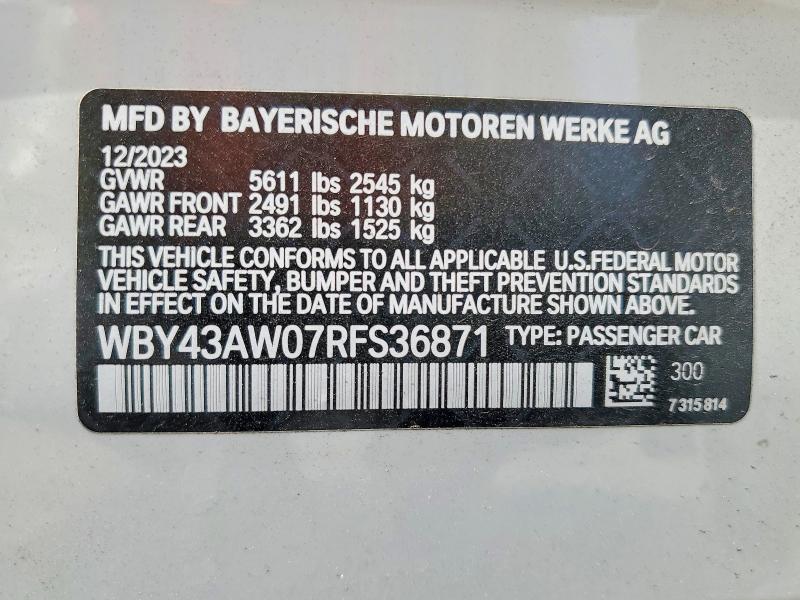 Aukcja sprzedaży 2024 Bmw I4, vin: WBY43AW07RFS36871, numer aukcji: 54798366