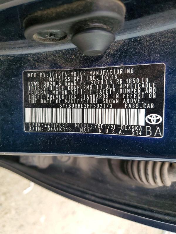 Продажа на аукционе авто 2017 Toyota Corolla, vin: 5YFBURHE3HP592173, номер лота: 55456186