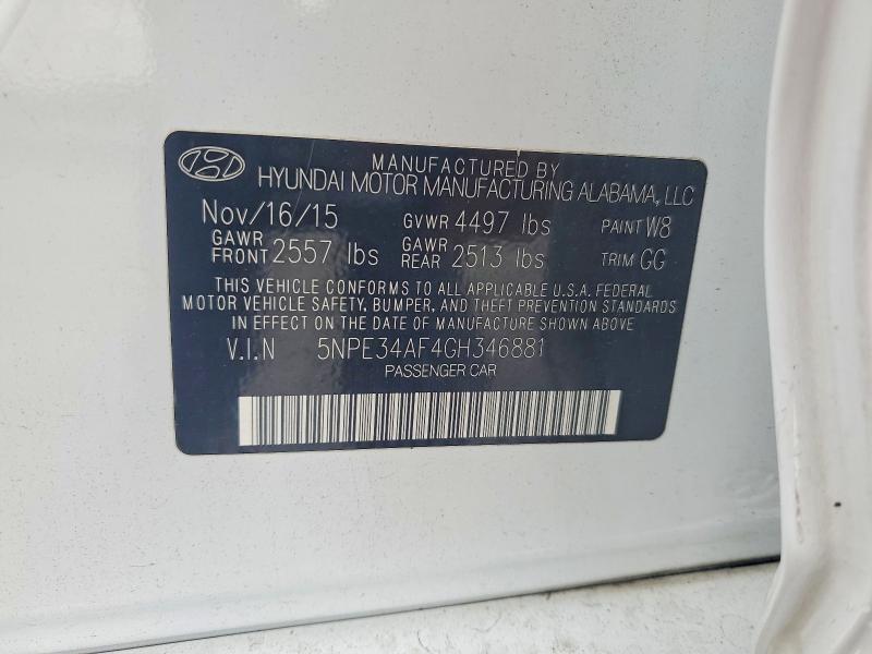 2016 Hyundai Sonata მანქანა იყიდება აუქციონზე, vin: 5NPE34AF4GH346881, აუქციონის ნომერი: 52446886