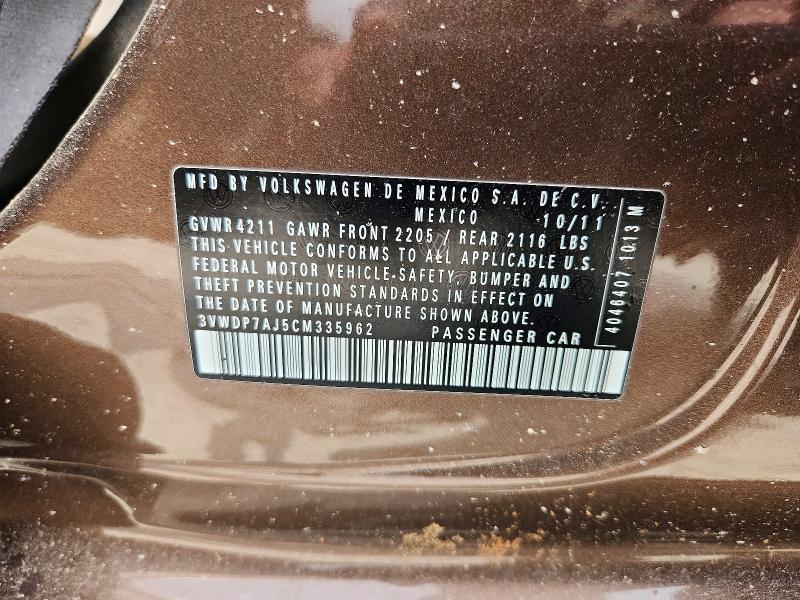 51016186 :رقم المزاد ، 3VWDP7AJ5CM335962 vin ، 2012 Volkswagen Jetta مزاد بيع