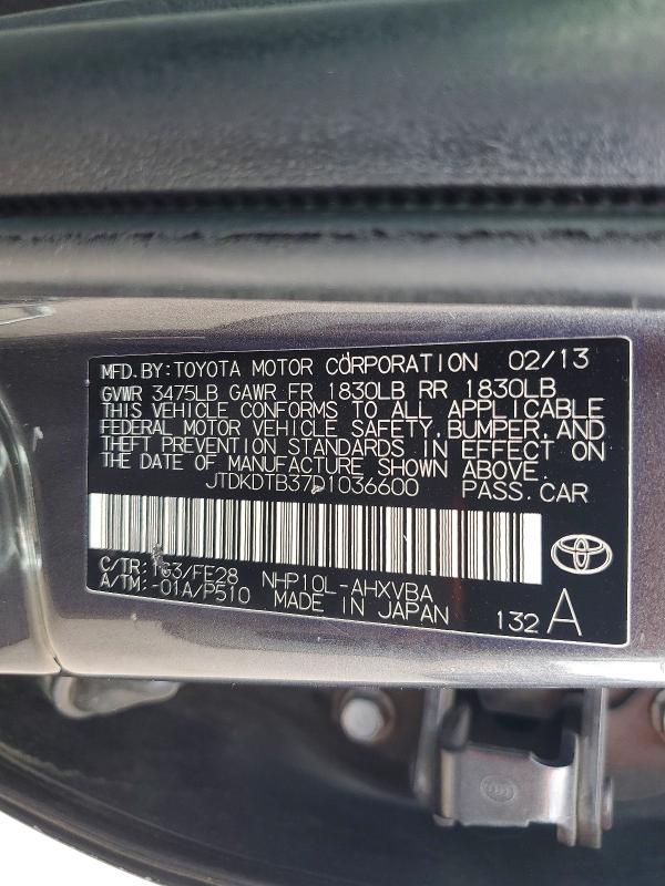 54699036 :رقم المزاد ، JTDKDTB37D1036600 vin ، 2013 Toyota Prius C مزاد بيع