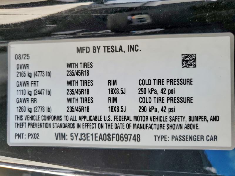 Aukcja sprzedaży 2025 Tesla Model 3, vin: 5YJ3E1EA0SF069748, numer aukcji: 53846906