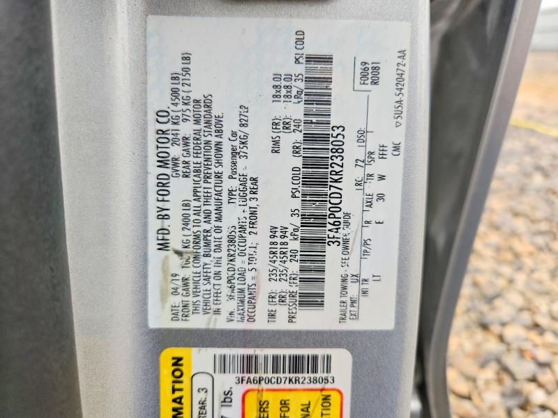 Aukcja sprzedaży 2019 Ford Fusion, vin: 3FA6P0CD7KR238053, numer aukcji: 52967976