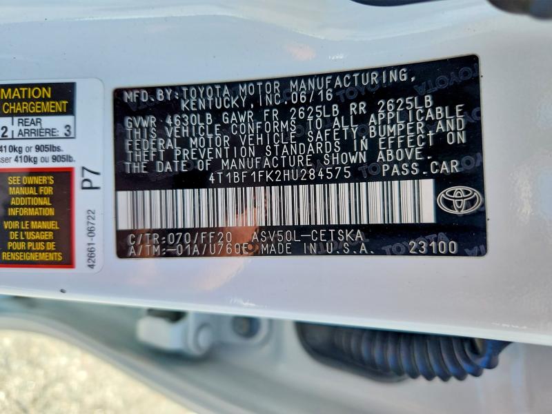 Продаж на аукціоні авто 2017 Toyota Camry, vin: 4T1BF1FK2HU284575, номер лоту: 52589876