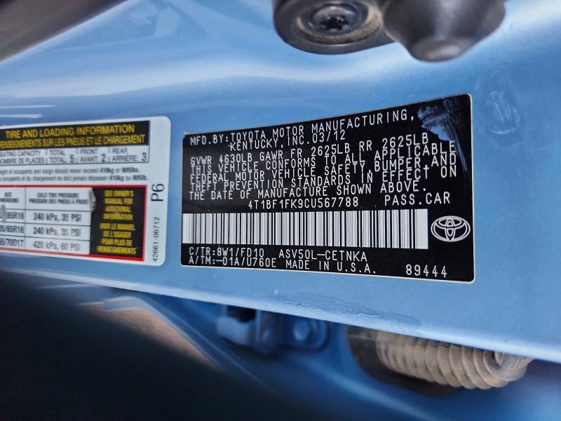 Aukcja sprzedaży 2012 Toyota Camry, vin: 4T1BF1FK9CU567788, numer aukcji: 55055706
