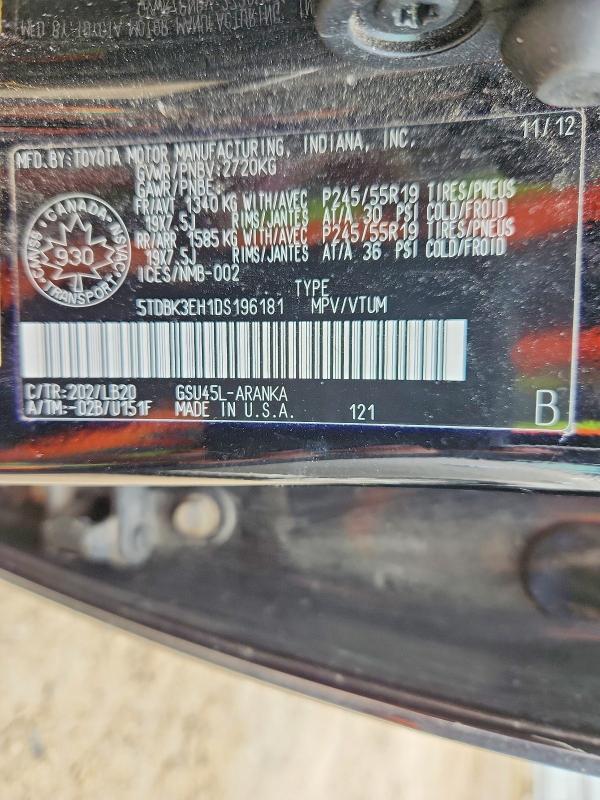 Aukcja sprzedaży 2013 Toyota Highlander, vin: 5TDBK3EH1DS196181, numer aukcji: 53385096