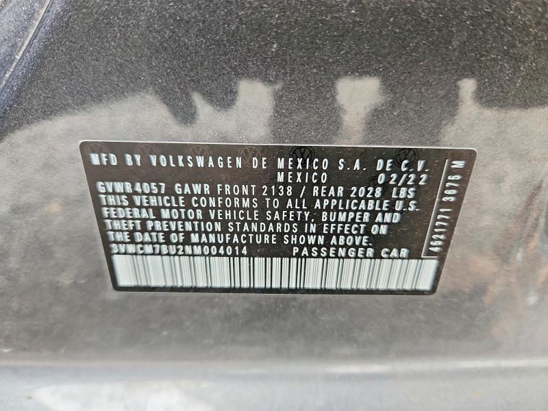 54131366 :رقم المزاد ، 3VWCM7BU2NM004014 vin ، 2022 Volkswagen Jetta مزاد بيع