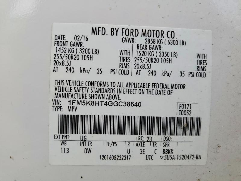 Aukcja sprzedaży 2016 Ford Explorer, vin: 1FM5K8HT4GGC38640, numer aukcji: 52428626