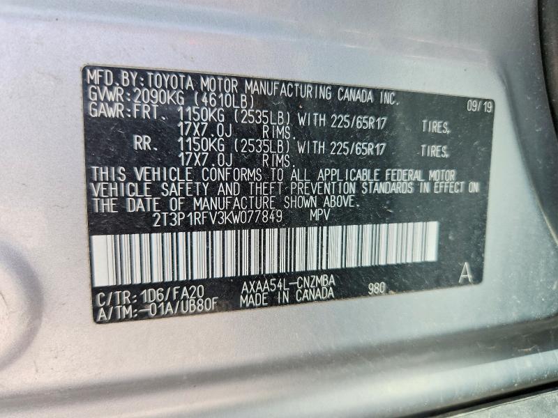 52701076 :رقم المزاد ، 2T3P1RFV3KW077849 vin ، 2019 Toyota Rav4 مزاد بيع