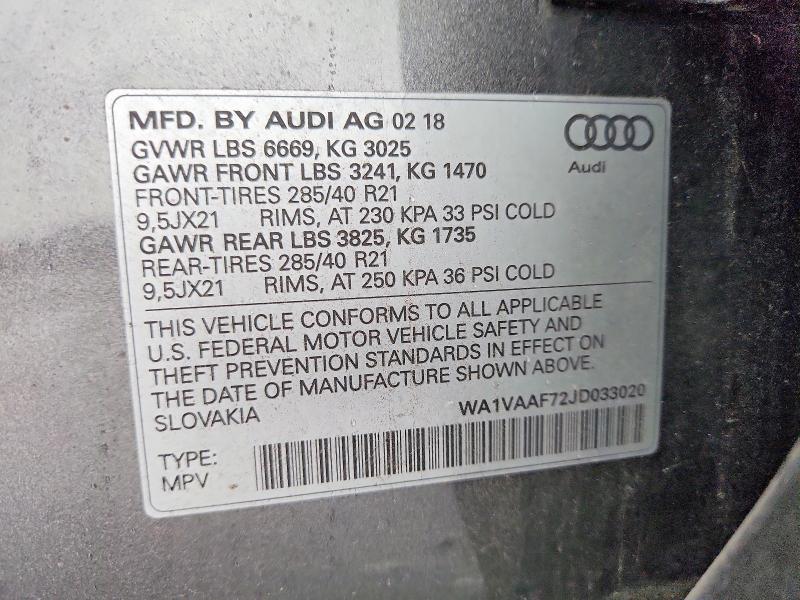 Aukcja sprzedaży 2018 Audi Q7, vin: WA1VAAF72JD033020, numer aukcji: 52481846