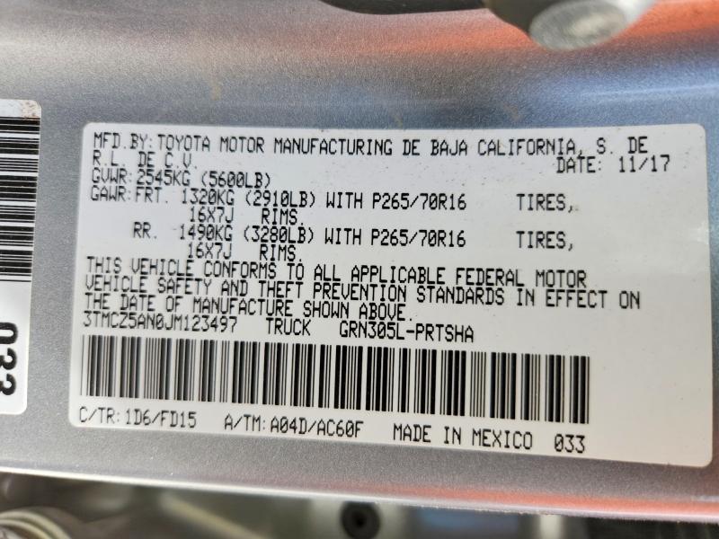 2018 Toyota Tacoma მანქანა იყიდება აუქციონზე, vin: 3TMCZ5AN0JM123497, აუქციონის ნომერი: 53176496