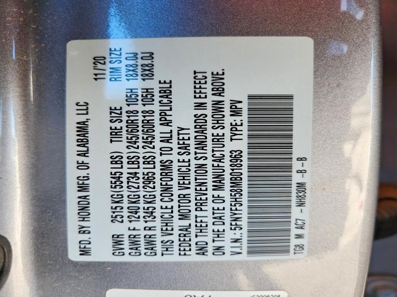 Aukcja sprzedaży 2021 Honda Pilot, vin: 5FNYF5H58MB018963, numer aukcji: 52920666