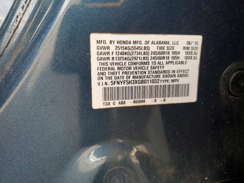 Aukcja sprzedaży 2016 Honda Pilot, vin: 5FNYF5H3XGB011032, numer aukcji: 54239956