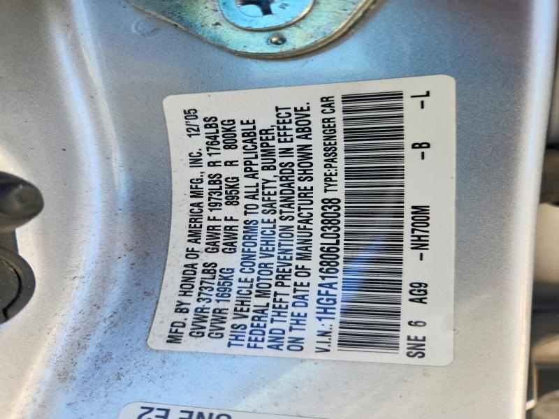 54062606 :رقم المزاد ، 1HGFA16806L038038 vin ، 2006 Honda Civic مزاد بيع