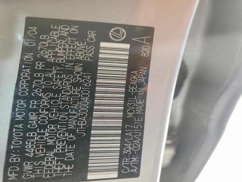 53625496 :رقم المزاد ، JTHBA30G040016241 vin ، 2004 Lexus Es مزاد بيع