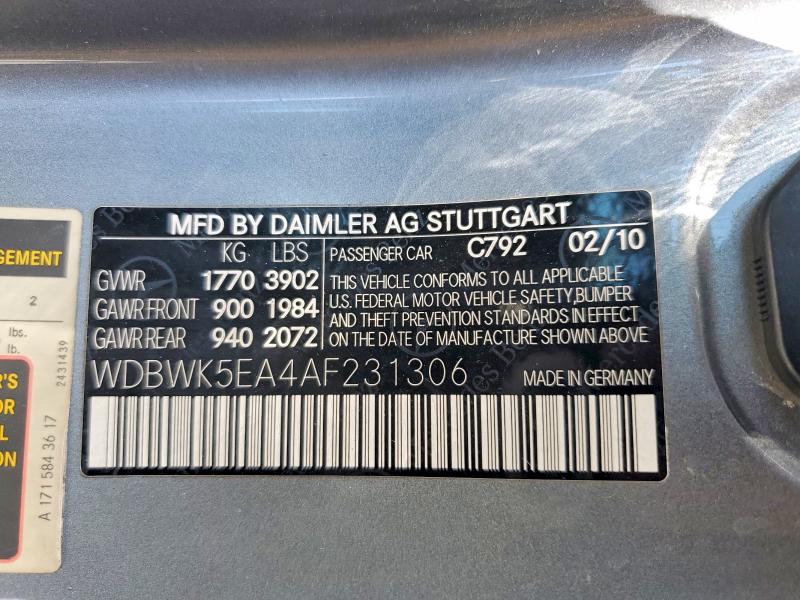 Aukcja sprzedaży 2010 Mercedes-benz Slk, vin: WDBWK5EA4AF231306, numer aukcji: 54653836