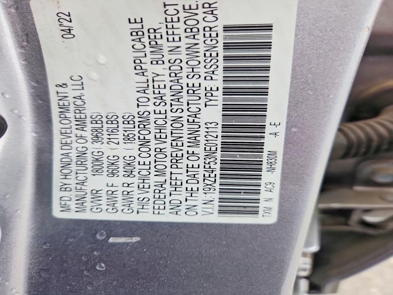 2022 Honda Insight მანქანა იყიდება აუქციონზე, vin: 19XZE4F53NE012113, აუქციონის ნომერი: 54528056