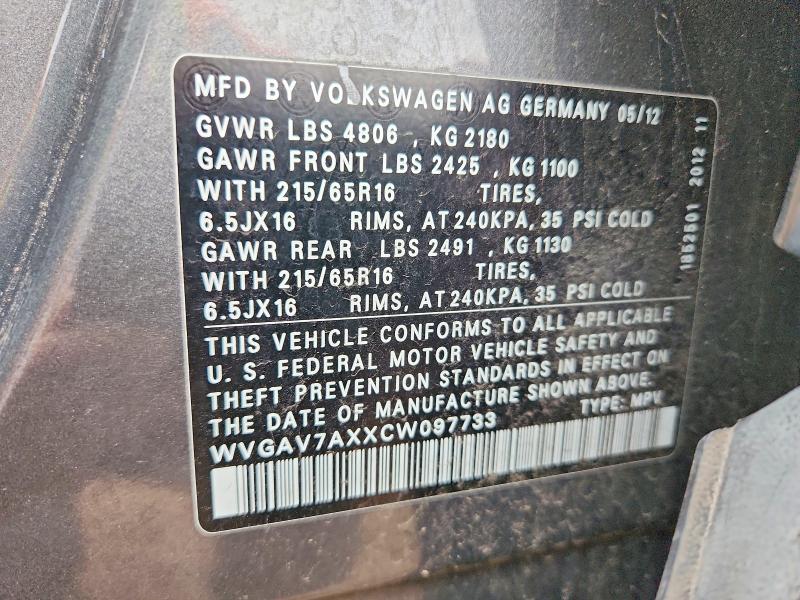 2012 Volkswagen Tiguan მანქანა იყიდება აუქციონზე, vin: WVGAV7AXXCW097733, აუქციონის ნომერი: 52152796