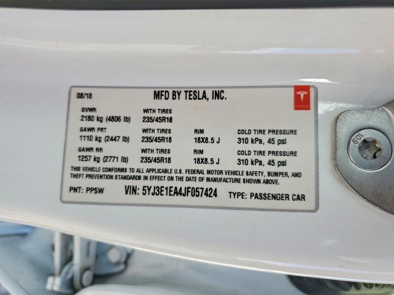 Продаж на аукціоні авто 2018 Tesla Model 3, vin: 5YJ3E1EA4JF057424, номер лоту: 51896676