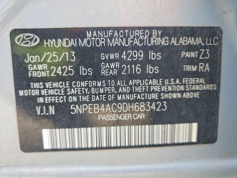 53543476 :رقم المزاد ، 5NPEB4AC9DH683423 vin ، 2013 Hyundai Sonata مزاد بيع