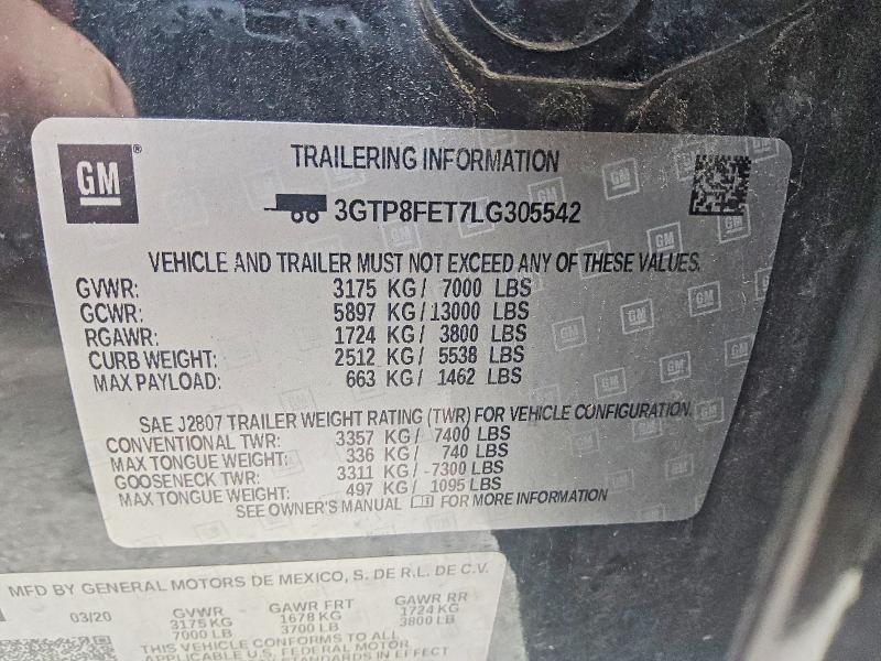 Aukcja sprzedaży 2020 Gmc Sierra, vin: 3GTP8FET7LG305542, numer aukcji: 53713766