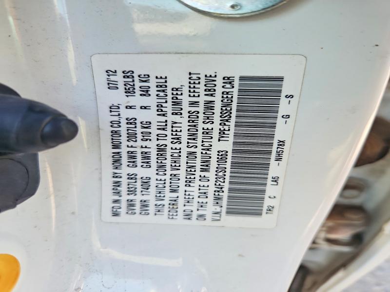 2012 Honda Civic მანქანა იყიდება აუქციონზე, vin: JHMFB4F23CS010663, აუქციონის ნომერი: 54432016