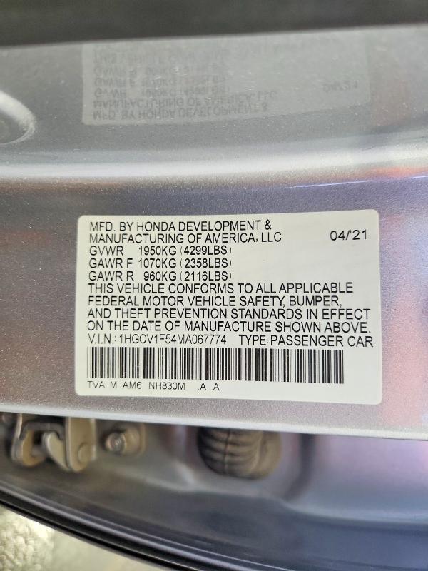 Aukcja sprzedaży 2021 Honda Accord, vin: 1HGCV1F54MA067774, numer aukcji: 54082386