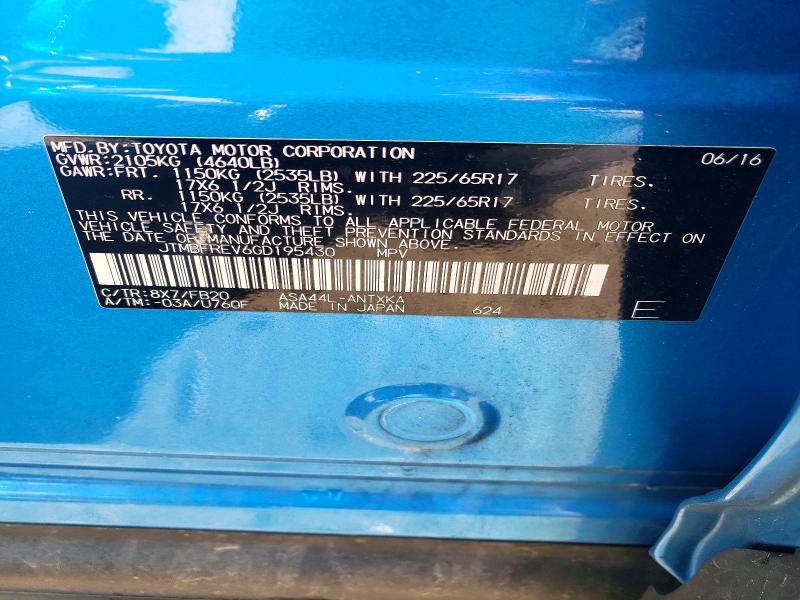 Aukcja sprzedaży 2016 Toyota Rav4, vin: JTMBFREV6GD195430, numer aukcji: 52234356