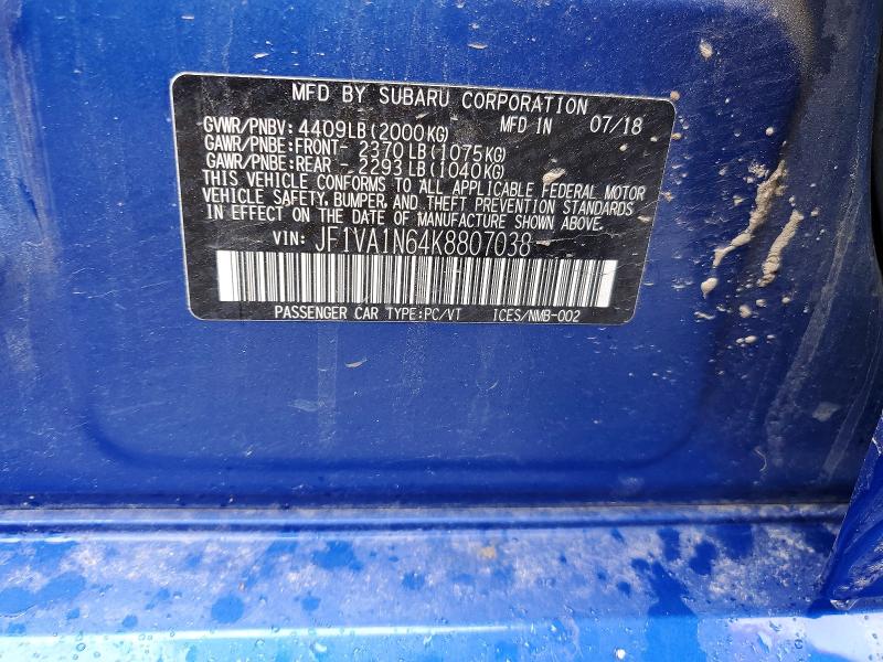Aukcja sprzedaży 2019 Subaru Wrx, vin: JF1VA1N64K8807038, numer aukcji: 52233636