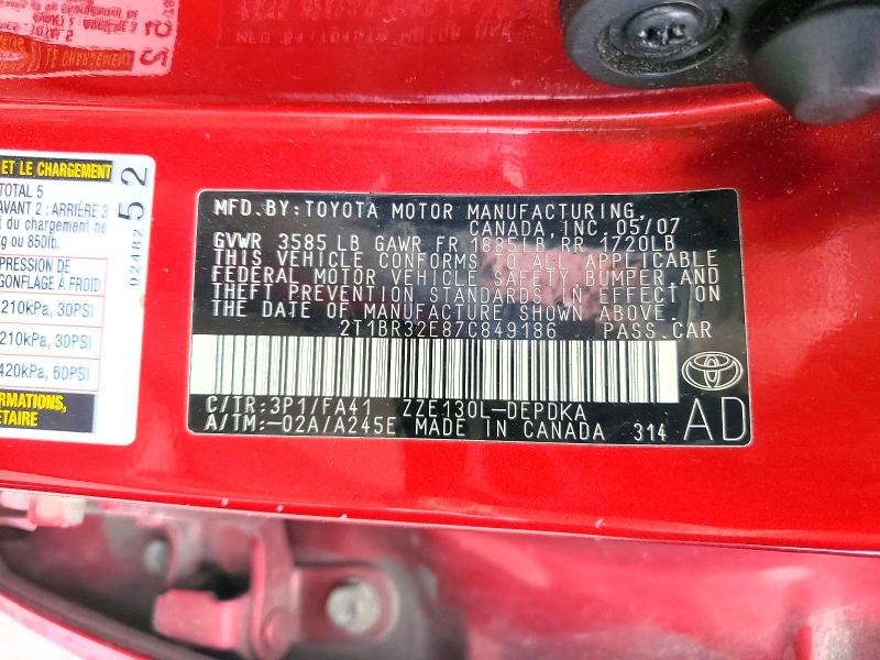 Продаж на аукціоні авто 2007 Toyota Corolla, vin: 2T1BR32E87C849186, номер лоту: 54727436