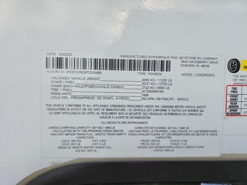 Продаж на аукціоні авто 2023 Keystone Rv Cougar Series, vin: 4YDFCGR26P2508466, номер лоту: 54825036