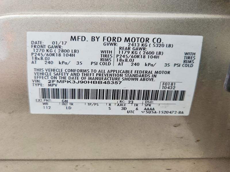 Продаж на аукціоні авто 2017 Ford Edge, vin: 2FMPK3J90HBB45357, номер лоту: 54878426