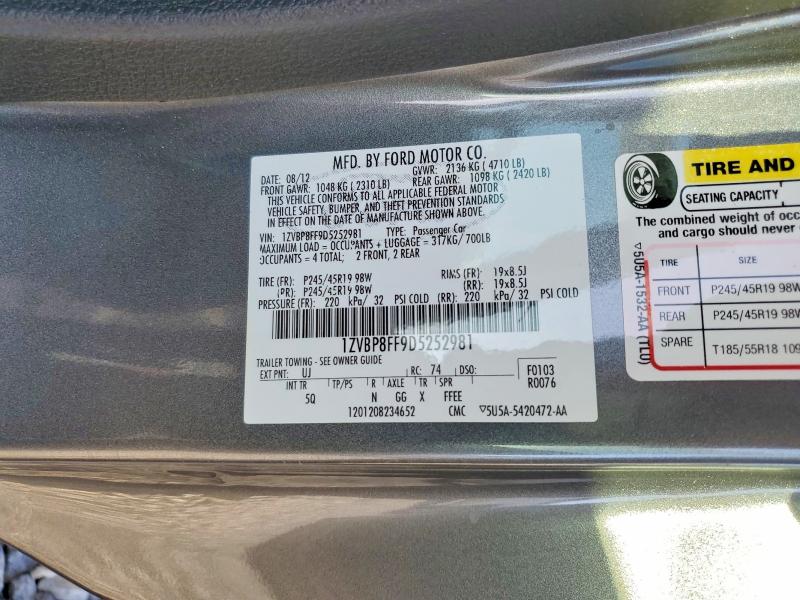 2013 Ford Mustang მანქანა იყიდება აუქციონზე, vin: 1ZVBP8FF9D5252981, აუქციონის ნომერი: 54652136