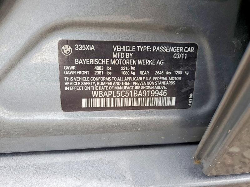 2011 Bmw 335 მანქანა იყიდება აუქციონზე, vin: WBAPL5C51BA919946, აუქციონის ნომერი: 53044796
