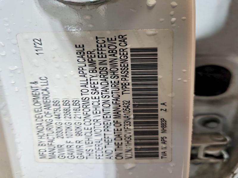 2022 Honda Accord მანქანა იყიდება აუქციონზე, vin: 1HGCV1F33NA105432, აუქციონის ნომერი: 53804126