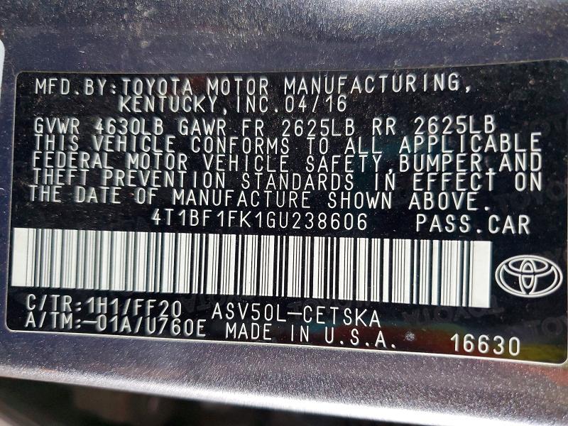 52482206 :رقم المزاد ، 4T1BF1FK1GU238606 vin ، 2016 Toyota Camry مزاد بيع