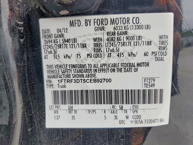 Продаж на аукціоні авто 2012 Ford F350, vin: 1FTRF3DT5CEB92700, номер лоту: 52235496