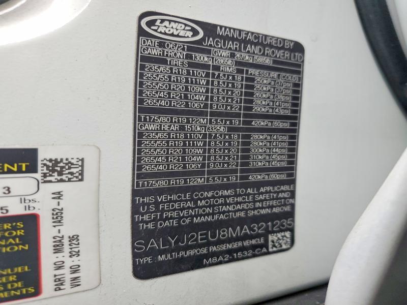 52013156 :رقم المزاد ، SALYJ2EU8MA321235 vin ، 2021 Land Rover Range Rover Velar مزاد بيع