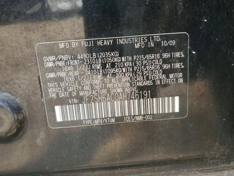 2010 Subaru Forester მანქანა იყიდება აუქციონზე, vin: JF2SH6AC0AH746191, აუქციონის ნომერი: 52580946