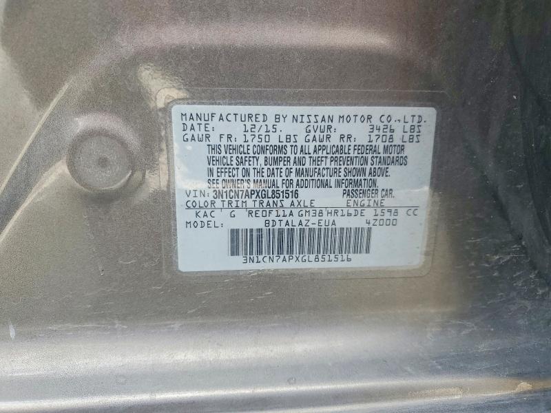 2016 Nissan Versa მანქანა იყიდება აუქციონზე, vin: 3N1CN7APXGL851516, აუქციონის ნომერი: 55250476