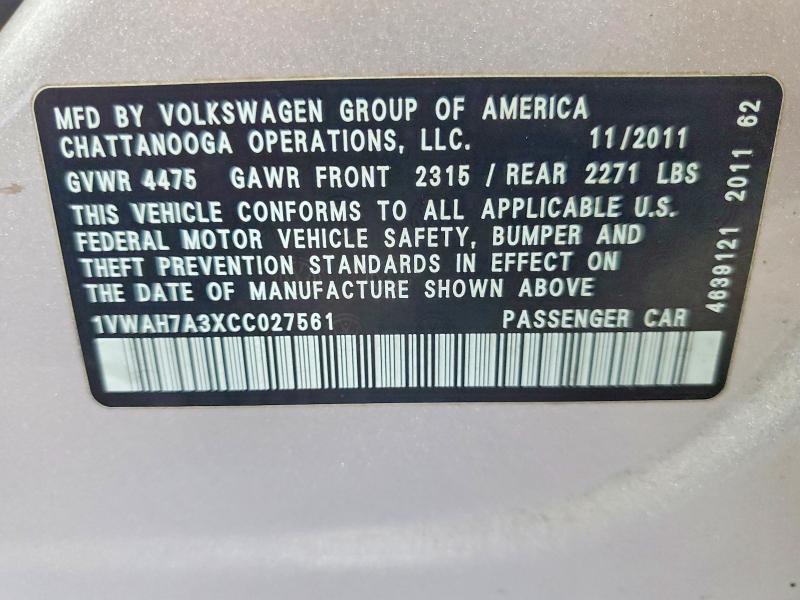 Aukcja sprzedaży 2012 Volkswagen Passat, vin: 1VWAH7A3XCC027561, numer aukcji: 55229626