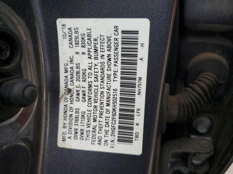 2019 Honda Civic მანქანა იყიდება აუქციონზე, vin: 2HGFC2F60KH502516, აუქციონის ნომერი: 54341566