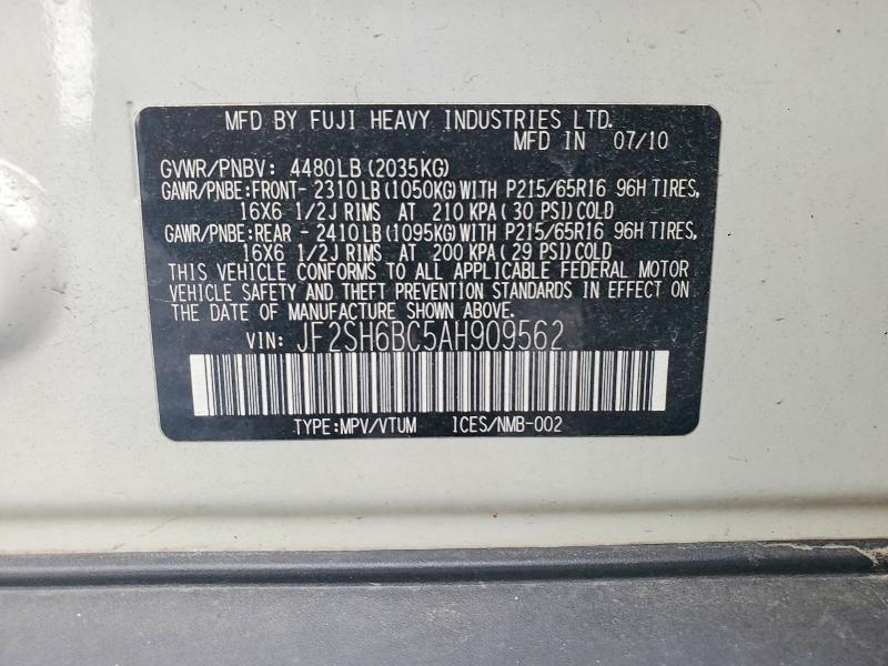 2010 Subaru Forester მანქანა იყიდება აუქციონზე, vin: JF2SH6BC5AH909562, აუქციონის ნომერი: 53886036