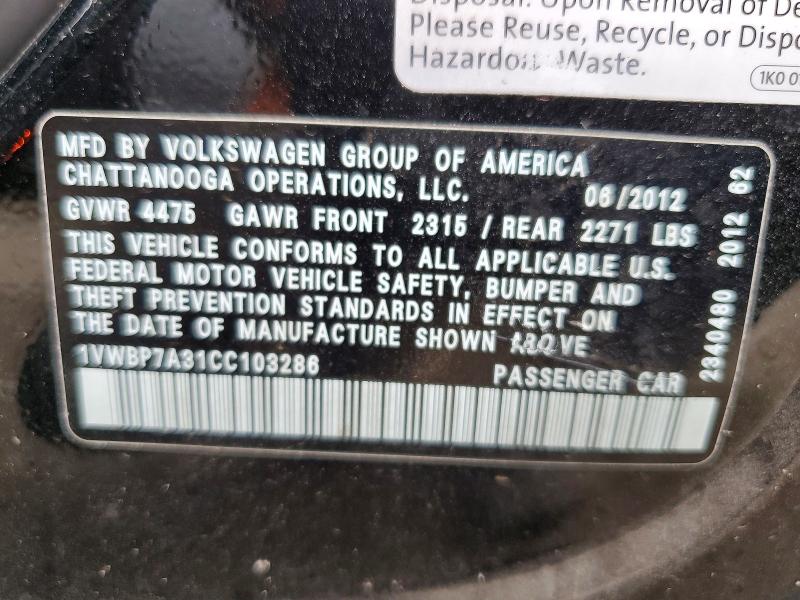 Продажа на аукционе авто 2012 Volkswagen Passat, vin: 1VWBP7A31CC103286, номер лота: 53187116